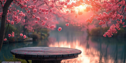 A table overlooking pink cherry blossoms, bright sunlight and the gentle charm of Japanese floral...