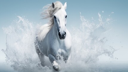 An ethereal snapshot of a white horse immersed in crystal-clear water, the high-quality photograph...