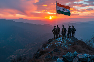 Glorious Sunset Salute: Indian Soldiers Hoisting the National Flag on a Mountain Summit - obrazy, fototapety, plakaty