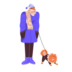 Sleepy woman walking dog in cute coat. People in winter outfit stroll puppy outdoors. Walker in sleeping cap leads pet on leash. Pup owners morning routine. Flat isolated vector illustration on white