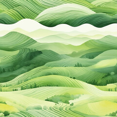 Obraz premium Idyllic seamless pattern wallpaper background retro abstract green rolling hills agricultural fields farm garden clean environment landscape cheerful positive emotion