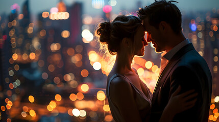 Realistic illustration of a sweet couple embracing, against a beautiful scenery of night city lights, romantic and glamorous atmosphere, Valentine’s day concept, generative ai