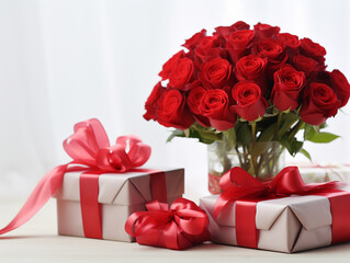 Bouquet of roses with red ribbons in Valentine's Day style