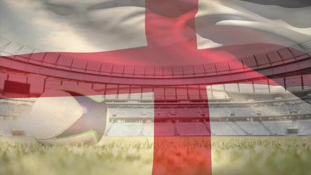 Animation of waving flag of england over stadium with rugby ball