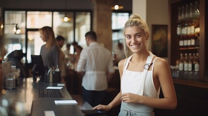 smiling waitress at bar counter looking at camera