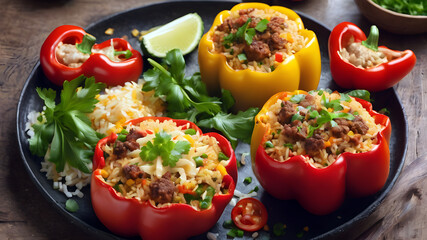 Seafood rice with cheese, stuffed peppers with rice and minced meat Grilled green pepper with cheese