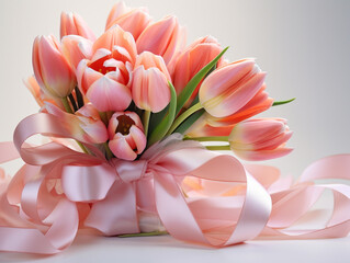 Gift and delicate tulips with silk ribbons in pink style.