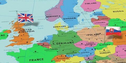 United Kingdom and Slovakia - pin flags on political map - 3D illustration