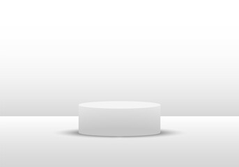 Realistic white 3D cylindrical platform with circle background. Minimal scene for displaying vector geometric platforms. abstract room