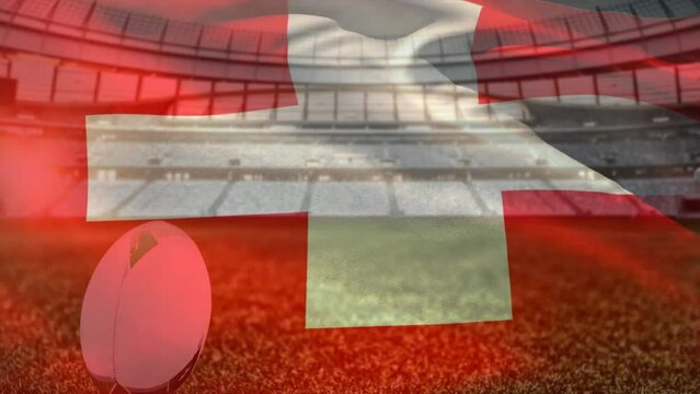 Animation of waving flag of switzerland over stadium with rugby ball