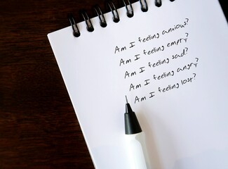 Pencil writing questions on notebook to to schedule a daily mental health check-in (Am I feeling...