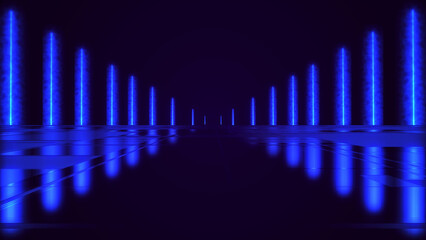 Abstract colorful background with bright neon rays and glowing lines. Wet asphalt, night view. Bright reflection on the concrete floor. Night empty stage, studio. Dark abstract background. 3D 