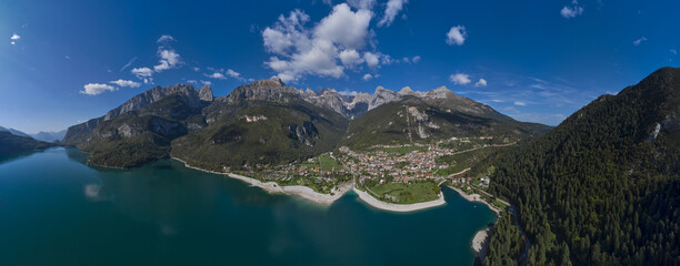 View of Molveno lake in The Adamello Brenta. Aerial view of Lake Molveno, north of Italy in the...