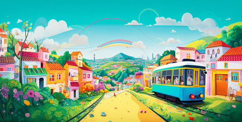 a painting of a train going down a road with houses on both sides of it and a rainbow in the sky, generative ai