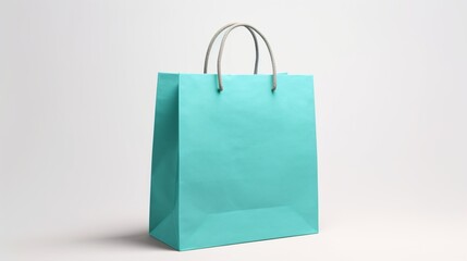 an isolated turquoise paper bag mockup on a clean white canvas, capturing the trendy color and sleek design of this modern packaging.