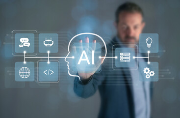 Man touch AI icon on virtual screen. Artificial intelligence new application, futuristic concept.