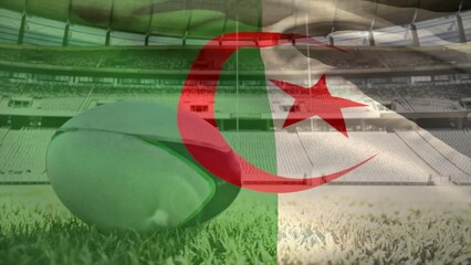 Animation of waving flag of algeria over stadium with rugby ball - Powered by Adobe