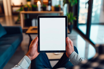 A businessman holds a mockup. iPad digital tablet with blank screen Mockup replaces your design mockup in the office - obrazy, fototapety, plakaty