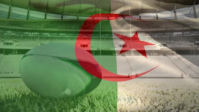 Animation of waving flag of algeria over stadium with rugby ball