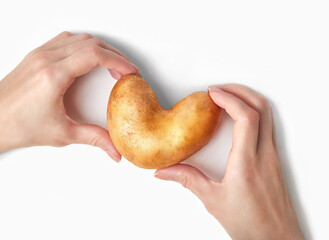 Hands holding heart-shaped potato above white background. Ugly food, funny vegetable, St....
