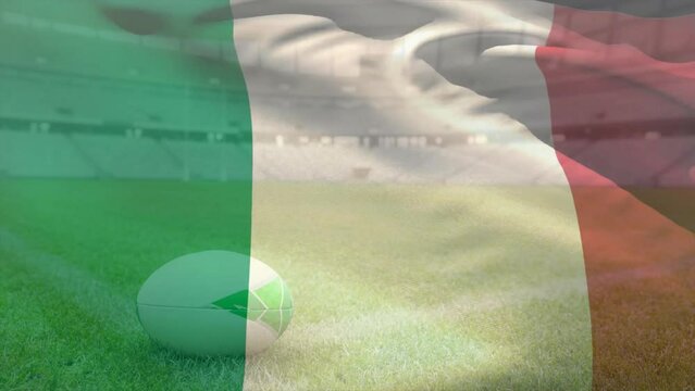 Animation of waving flag of italy over stadium with rugby ball