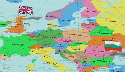 Fototapeta na wymiar United Kingdom and Bulgaria - pin flags on political map - 3D illustration