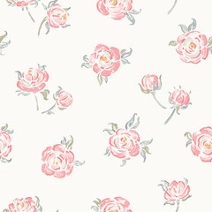 Fototapeta na wymiar Pink Roses. Rose Flower Seamless Pattern. Flowers and Leaves. Vintage Floral Background. Shabby chic Wallpaper. Millefleurs Liberty Style Design. Vector Illustration.