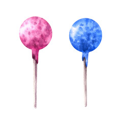 Hand drawn watercolor illustration. Two delicious candies on sticks on pink and blue frosting . For greeting birthday card, banner, websites, new born, gender reveal party Isolated on white background