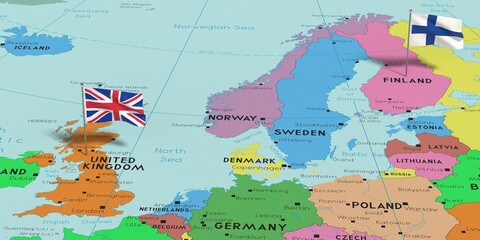 Obraz premium United Kingdom and Finland - pin flags on political map - 3D illustration