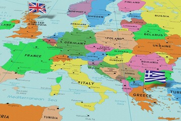 United Kingdom and Greece - pin flags on political map - 3D illustration