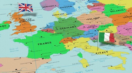 United Kingdom and Italy - pin flags on political map - 3D illustration