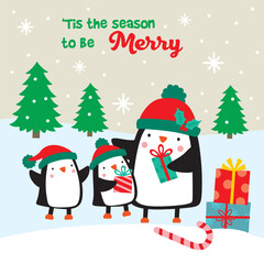 Christmas Cards with Cute Penguin and tree