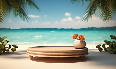 Obraz premium Idyllic Beach Display with a Wooden Podium on Pristine Sand for Product Presentation, Tropical Ocean and Palm Leaves Background