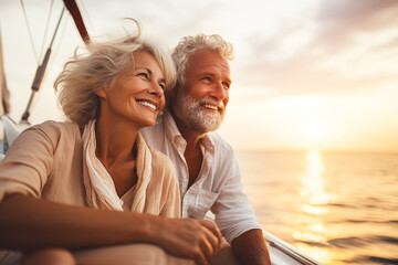 retired couple on romantic cruise on luxury yacht, happy senior couple on holidays - 706289578