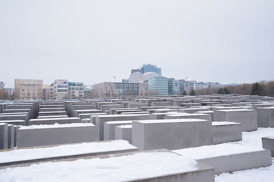 BERLIN, GERMANY - DECEMBER 5, 2023: View of the snowy Jewish Holocaust Memorial, Berlin, Germany.