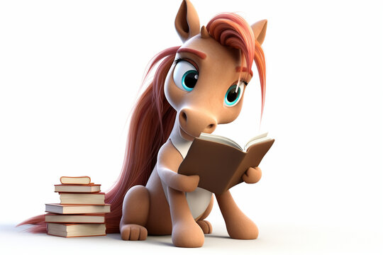 3D cartoon cute horse reading and writing