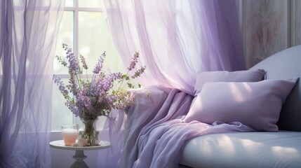 the charm of soft lavender curtains gently billowing in the breeze, exuding a calming aura, evoking...