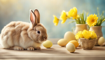 Obraz premium Easter bunny and eggs with yellow flowers on sunny background, copy space