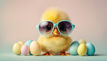 Cute little easter chick baby with sunglasses and Easter eggs on pastel background