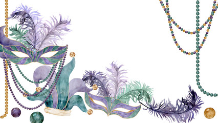 Hand drawn watercolor Mardi Gras carnival symbols. Theater masquerade circus mask feathers, jester fool hat bells. Composition isolated on white background. Design for party invitation, print, shop © Elena