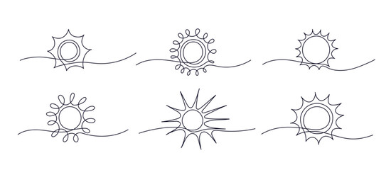 Sun one continuous line art set. Vector light rays