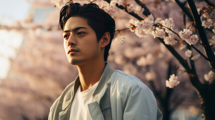 Modern happy young serious puzzled Asian guy against the background of blooming pink cherry trees...