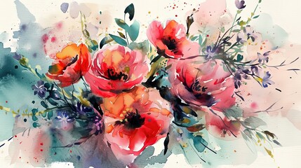 watercolor style illustration of poppy flower bouquet blossom background wallpaper, color splash and wet in wet technique texture, Generative Ai