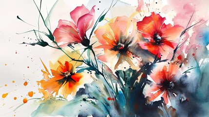 watercolor style illustration of poppy flower bouquet blossom background wallpaper, color splash and wet in wet technique texture, Generative Ai