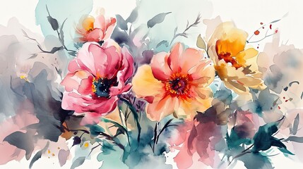 watercolor style illustration of poppy flower bouquet blossom background wallpaper, color splash and wet in wet technique texture, Generative Ai - obrazy, fototapety, plakaty