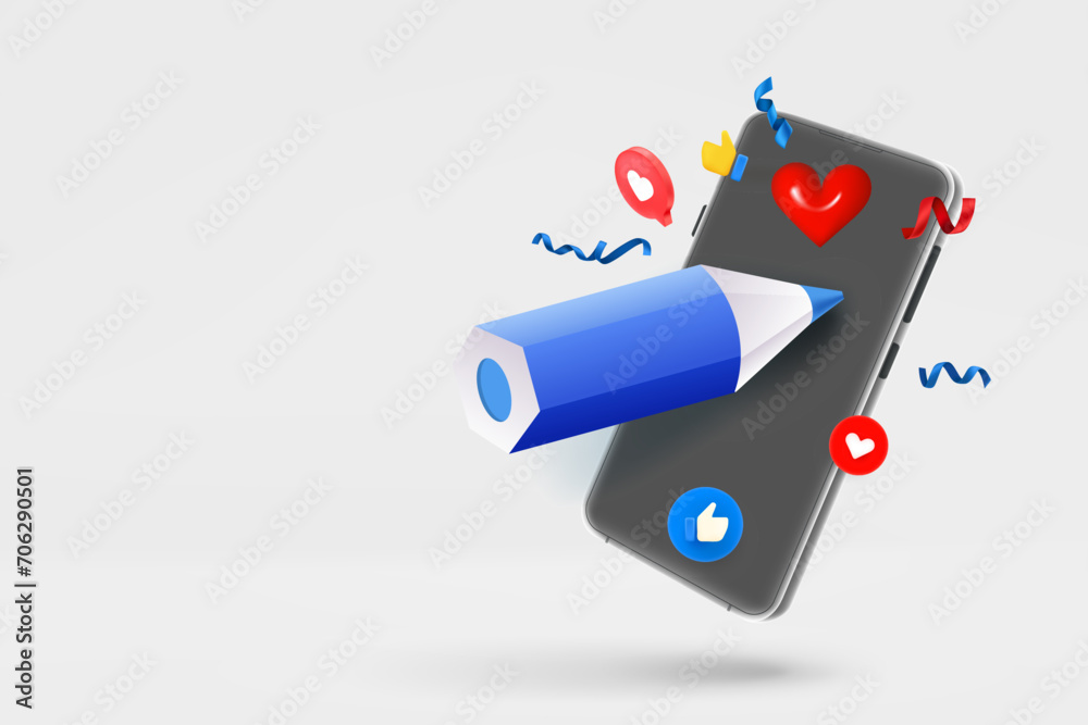 Poster modern smartphone with pencil. 3d vector banner with copy space