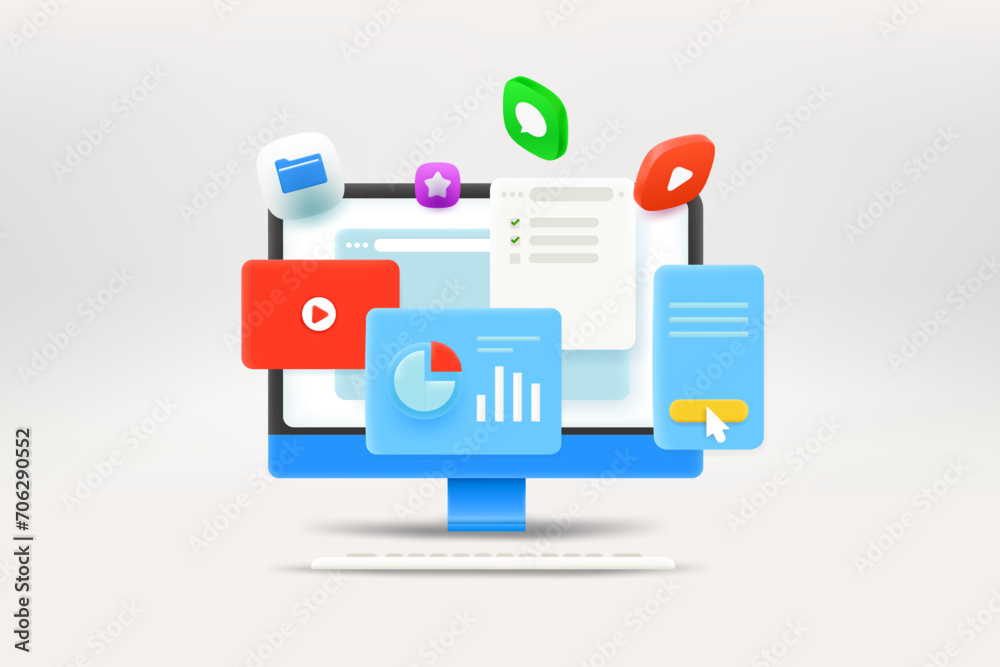 Poster Working with computer concept. 3d Vector illustration