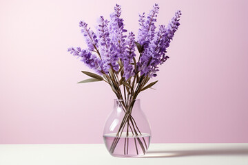 An artistically rendered depiction of a minimalist lavender bouquet, carefully arranged in a clear glass vase, exuding a calming.