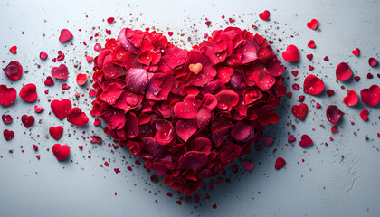 Huge volumetric Heart made of red rose petals on a white background. Concept of Valentine's Day, Love, Relationships, Romantic, Floristic