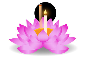Loy Krathong Festival It consists of a lotus flower bowl incense sticks and candles floating on the water In the background is a beautiful temple There are floating lanterns and setting off fireworks 